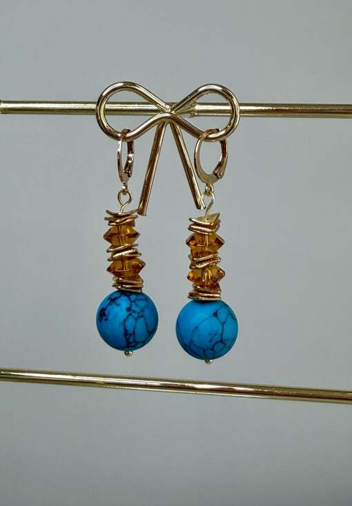 Handmade Jewelry - Handmade by Fynn Gold-Tone Turquoise Howlite and Amber Crystal Dangle Earrings